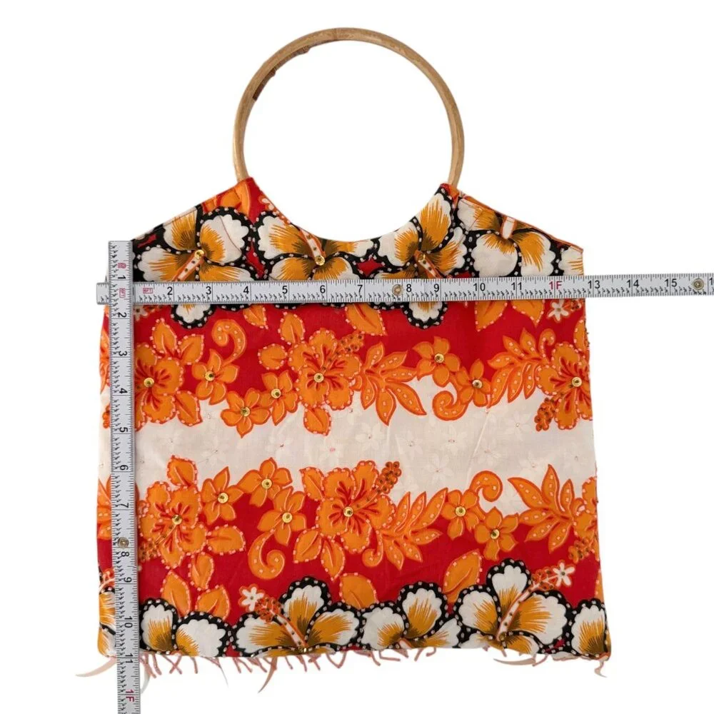 Kisses & Hugs Vintage Tropical Resort Floral Boho Beaded Bamboo Handle Purse Bag